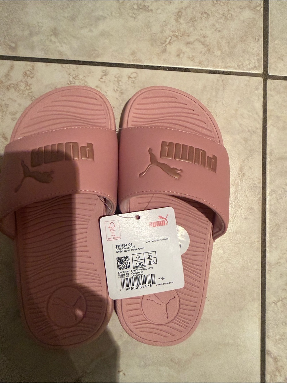 Puma Kids Pink Slide Sandals with Metallic Gold Logo